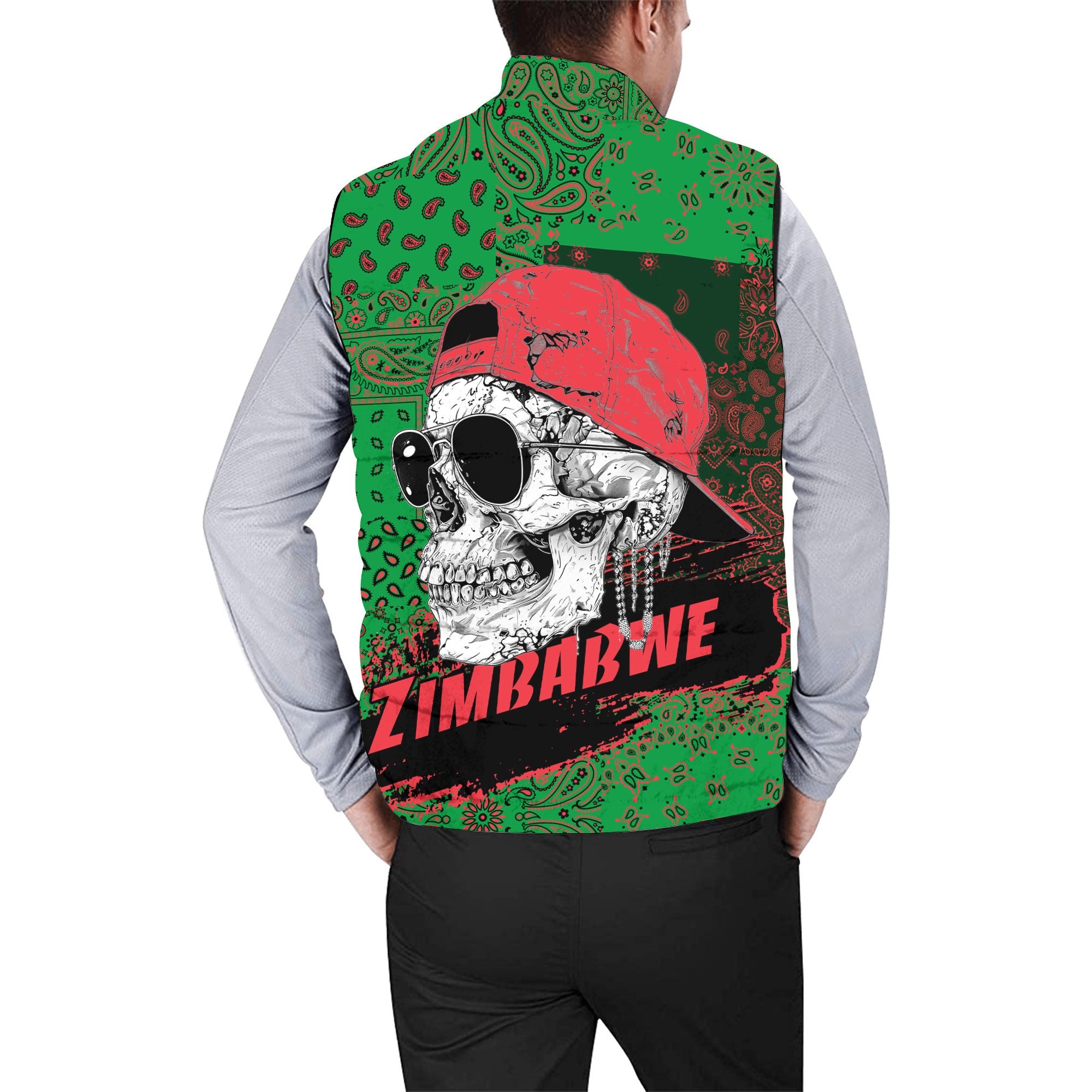 Zimbabwe Men Padded Jacket Vest Paisley Flag And Skull Style 2