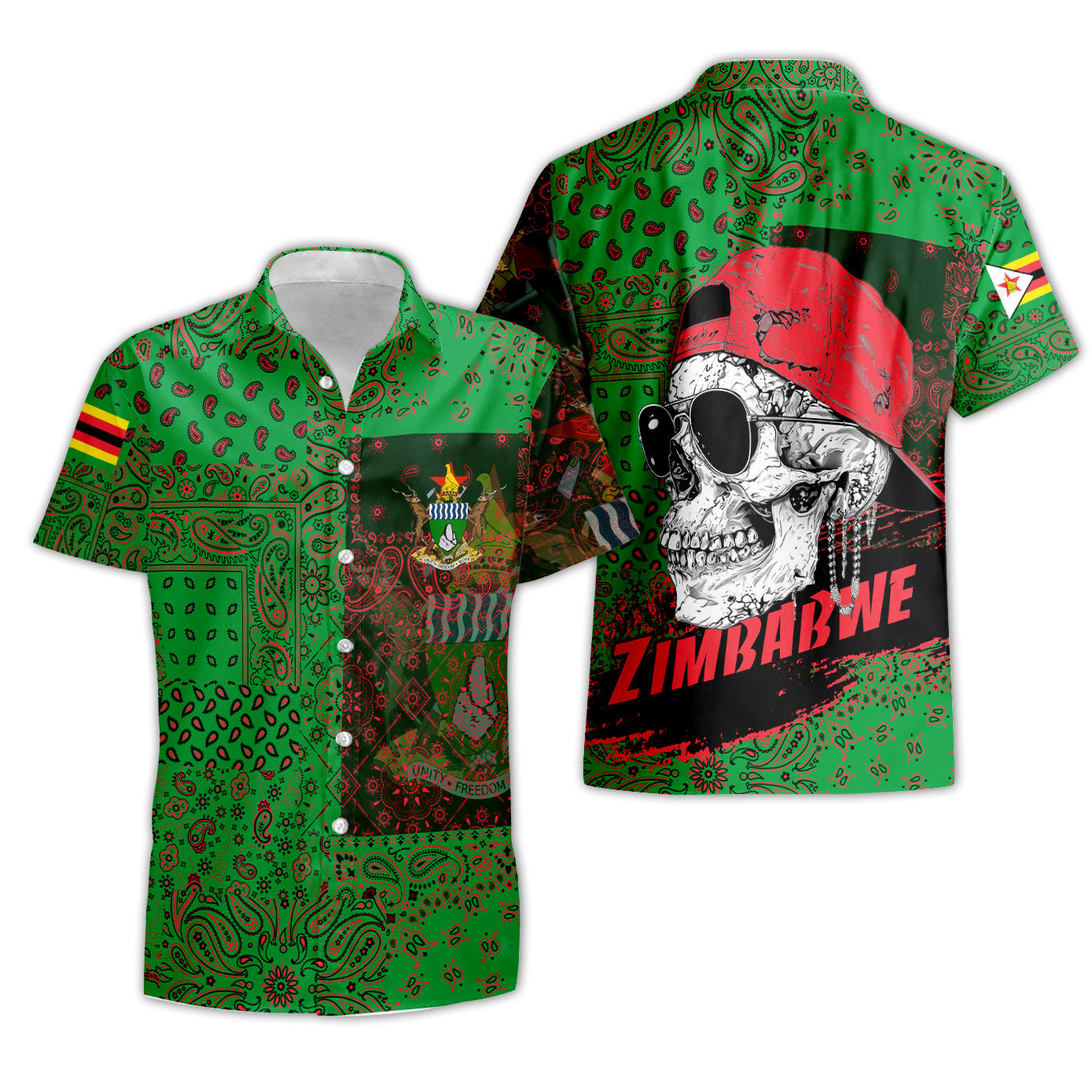 Zimbabwe Short Sleeve Shirt Paisley Flag And Skull Style 3