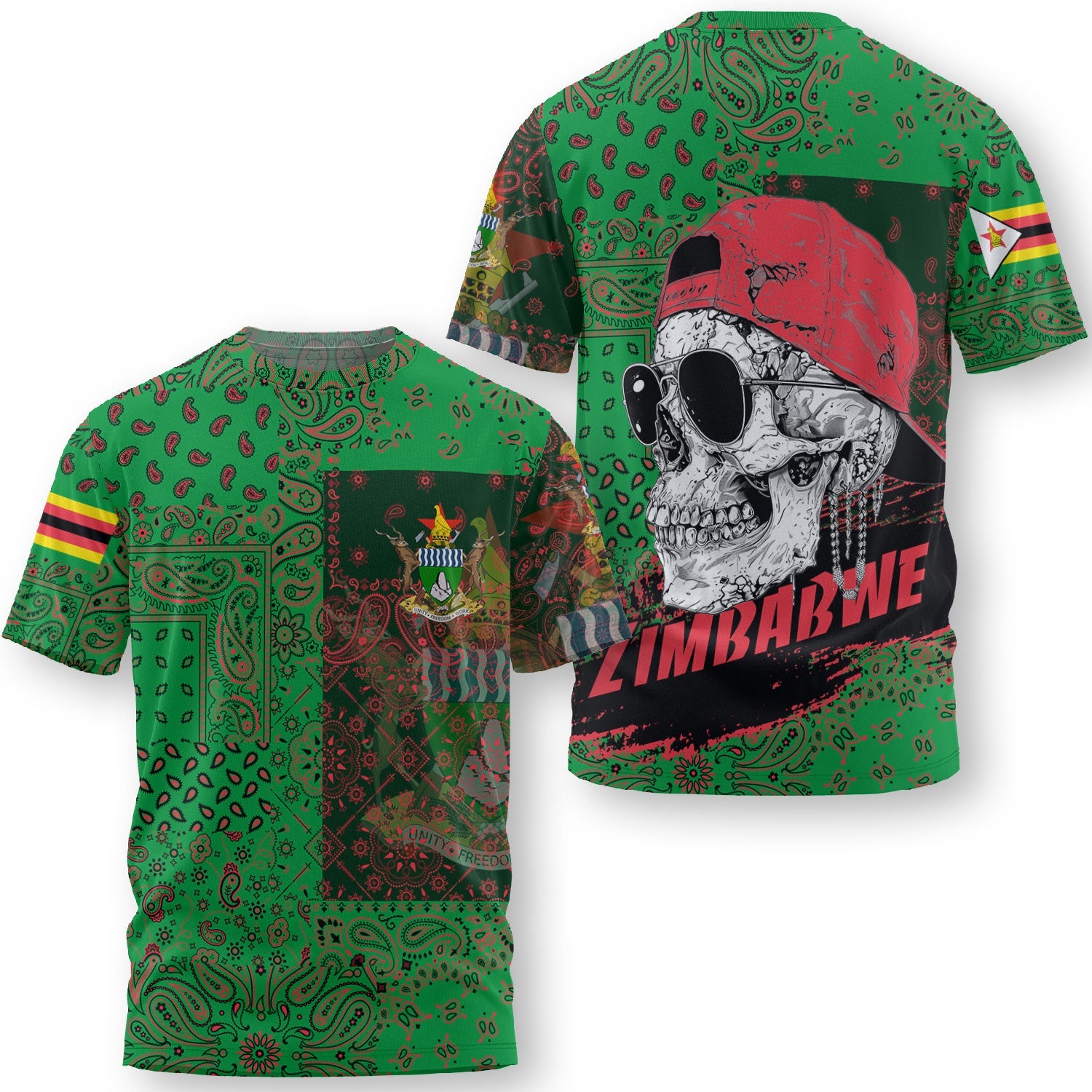 Zimbabwe T Shirt Paisley Flag And Skull Style 3