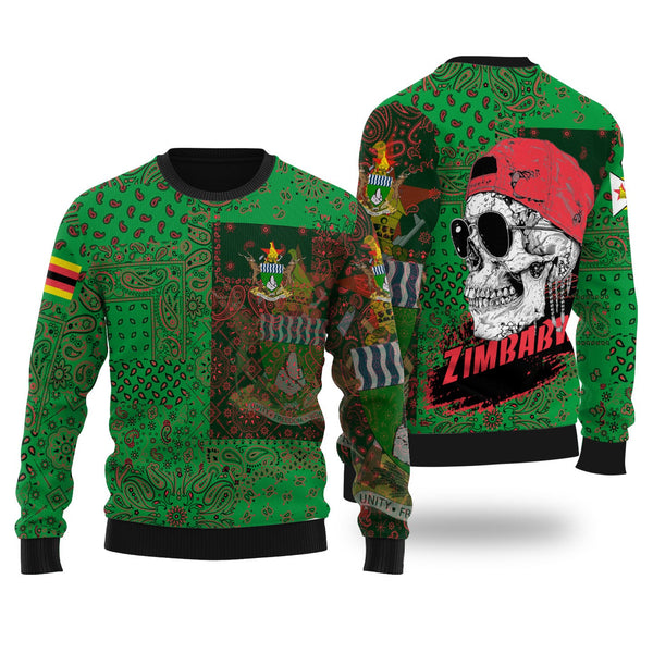 Zimbabwe Ugly Sweater Paisley Flag And Skull Style 1