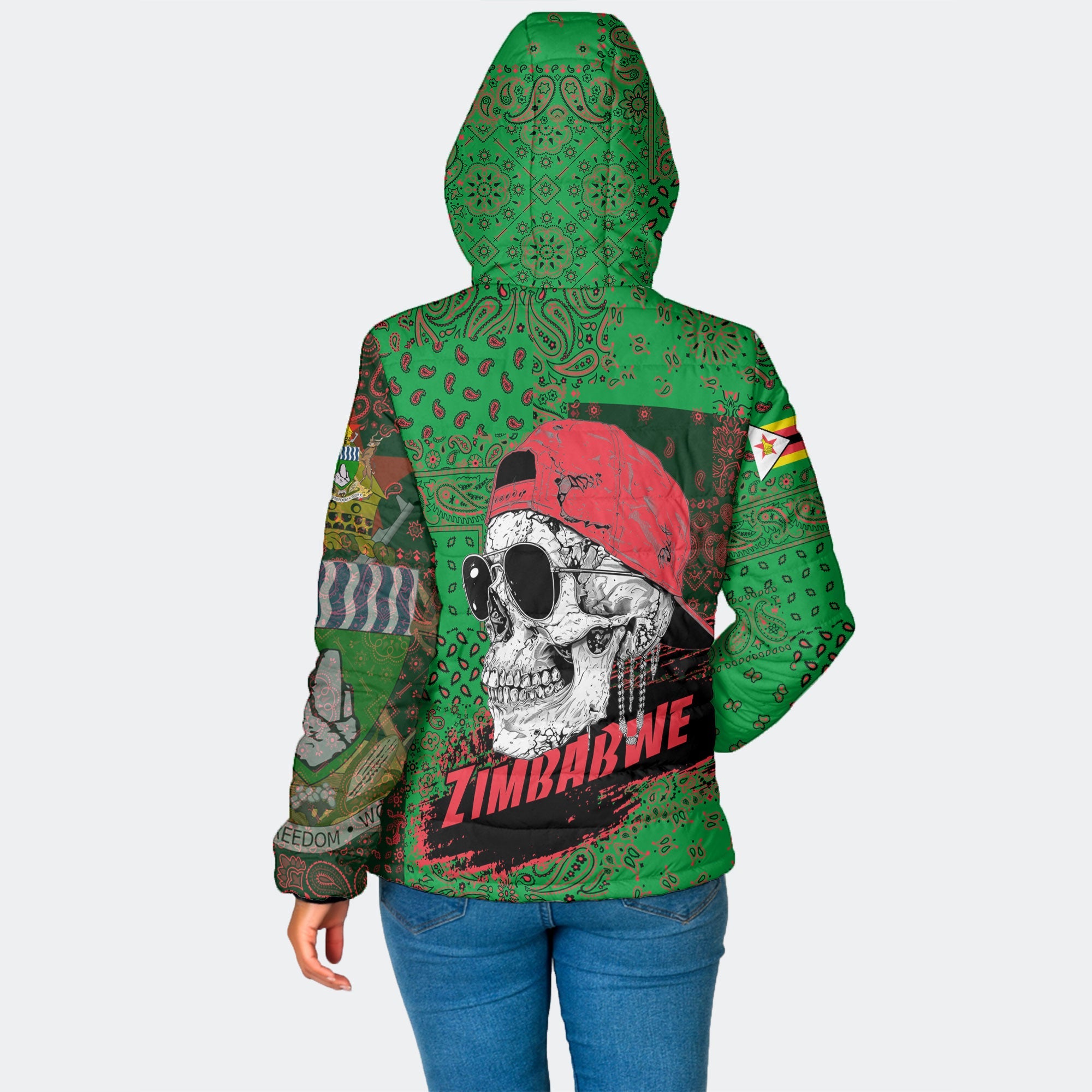 Zimbabwe Women Hooded Padded Jacket Paisley Flag And Skull Style 2