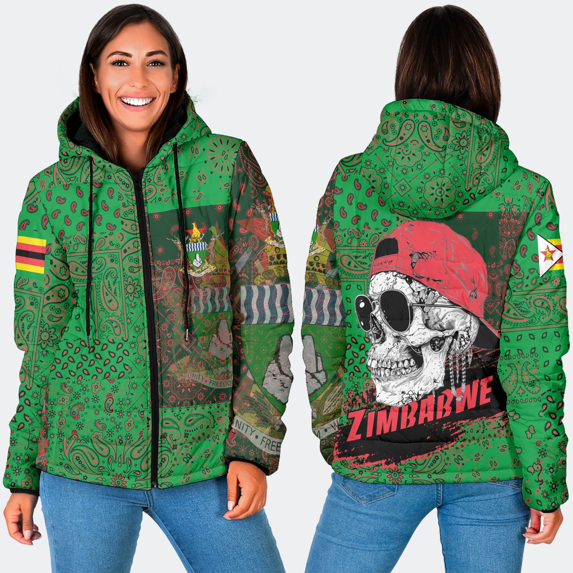 Zimbabwe Women Hooded Padded Jacket Paisley Flag And Skull Style 3