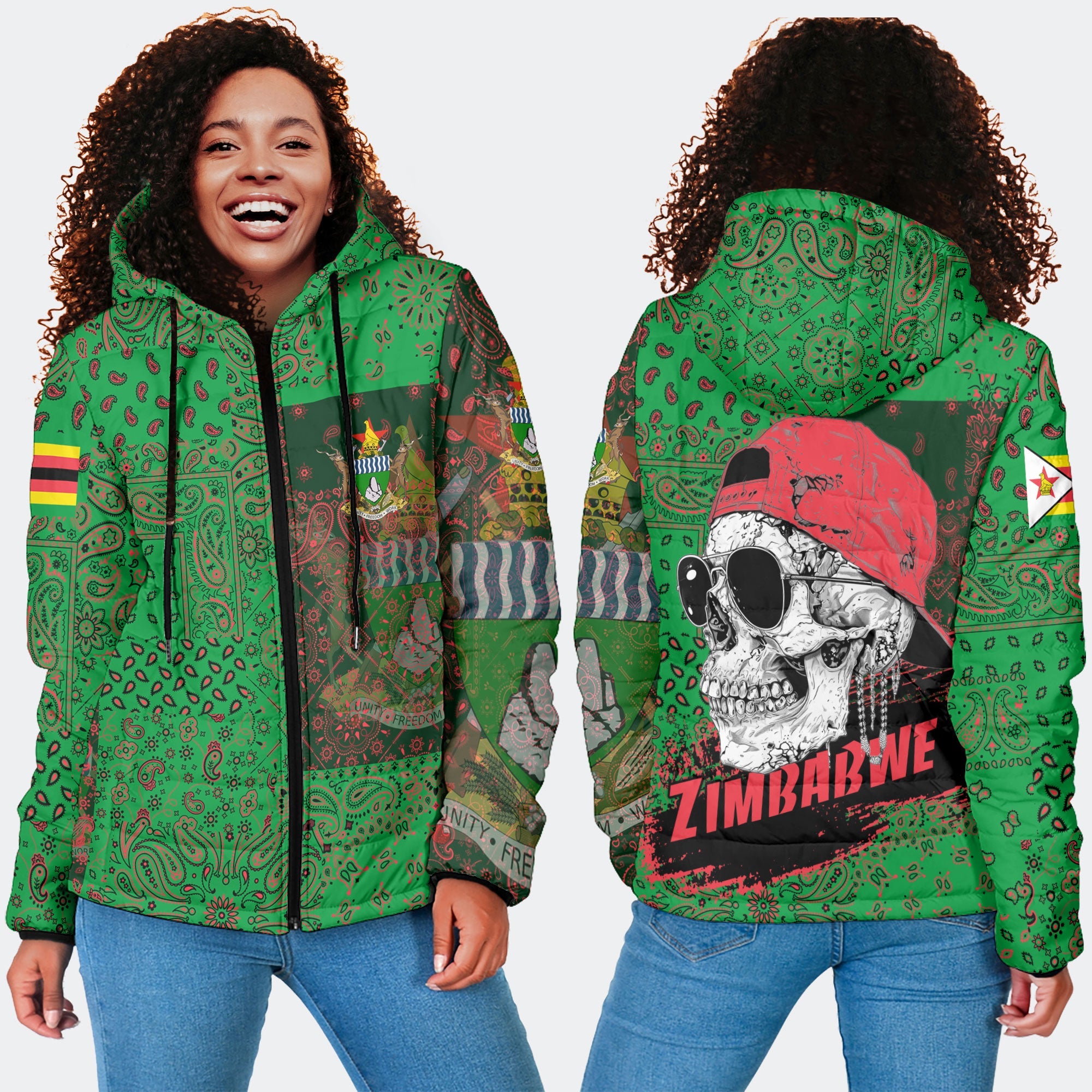 Zimbabwe Women Hooded Padded Jacket Paisley Flag And Skull Style 4