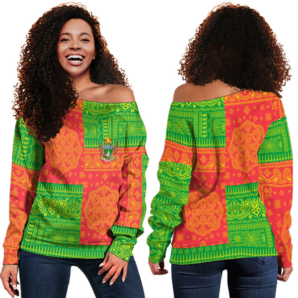 Zimbabwe Women Off Shoulder Sweatshirt Flag And Paisley Basic Style 1