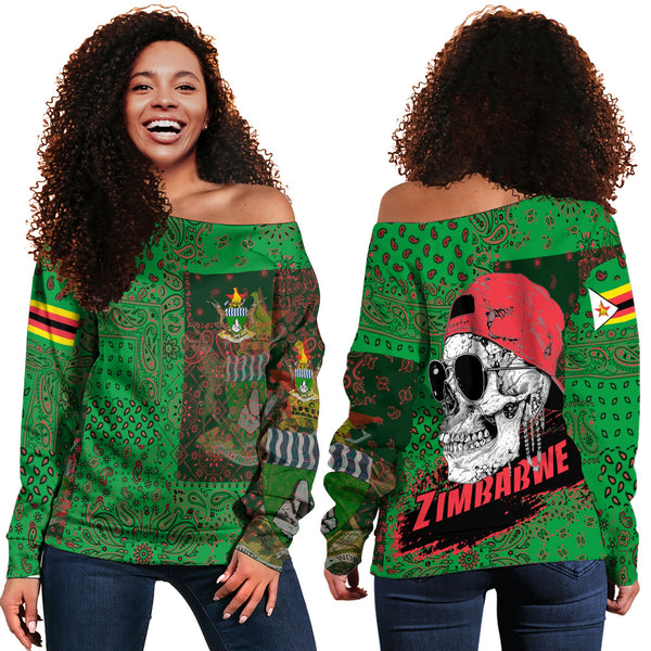 Zimbabwe Women Off Shoulder Sweatshirt Paisley Flag And Skull Style 1