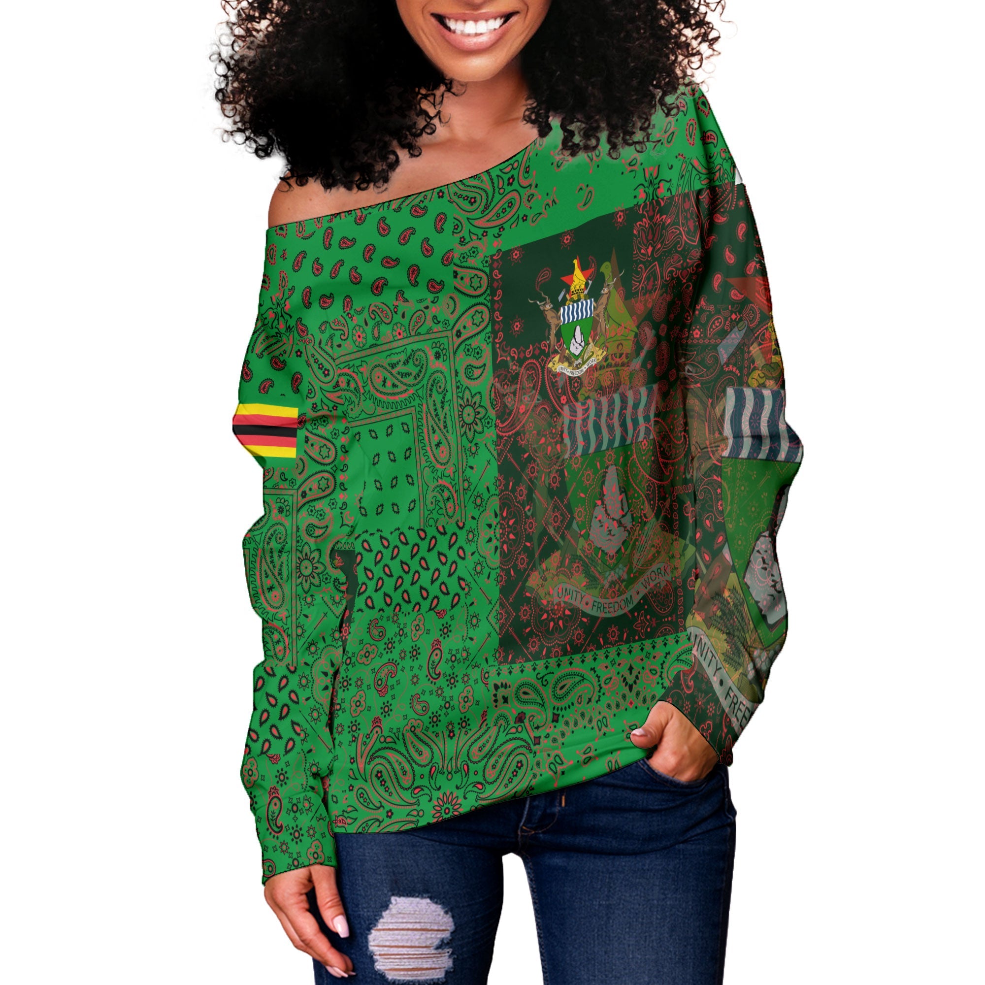 Zimbabwe Women Off Shoulder Sweatshirt Paisley Flag And Skull Style 2