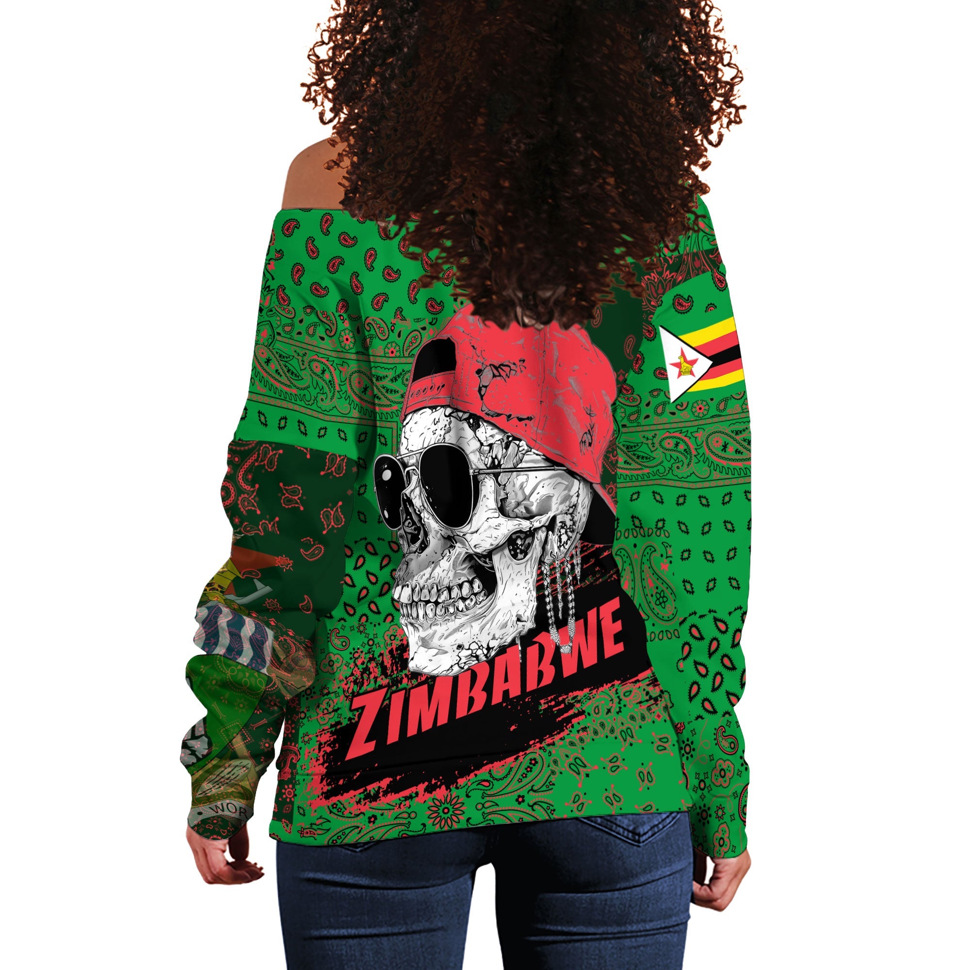 Zimbabwe Women Off Shoulder Sweatshirt Paisley Flag And Skull Style 3