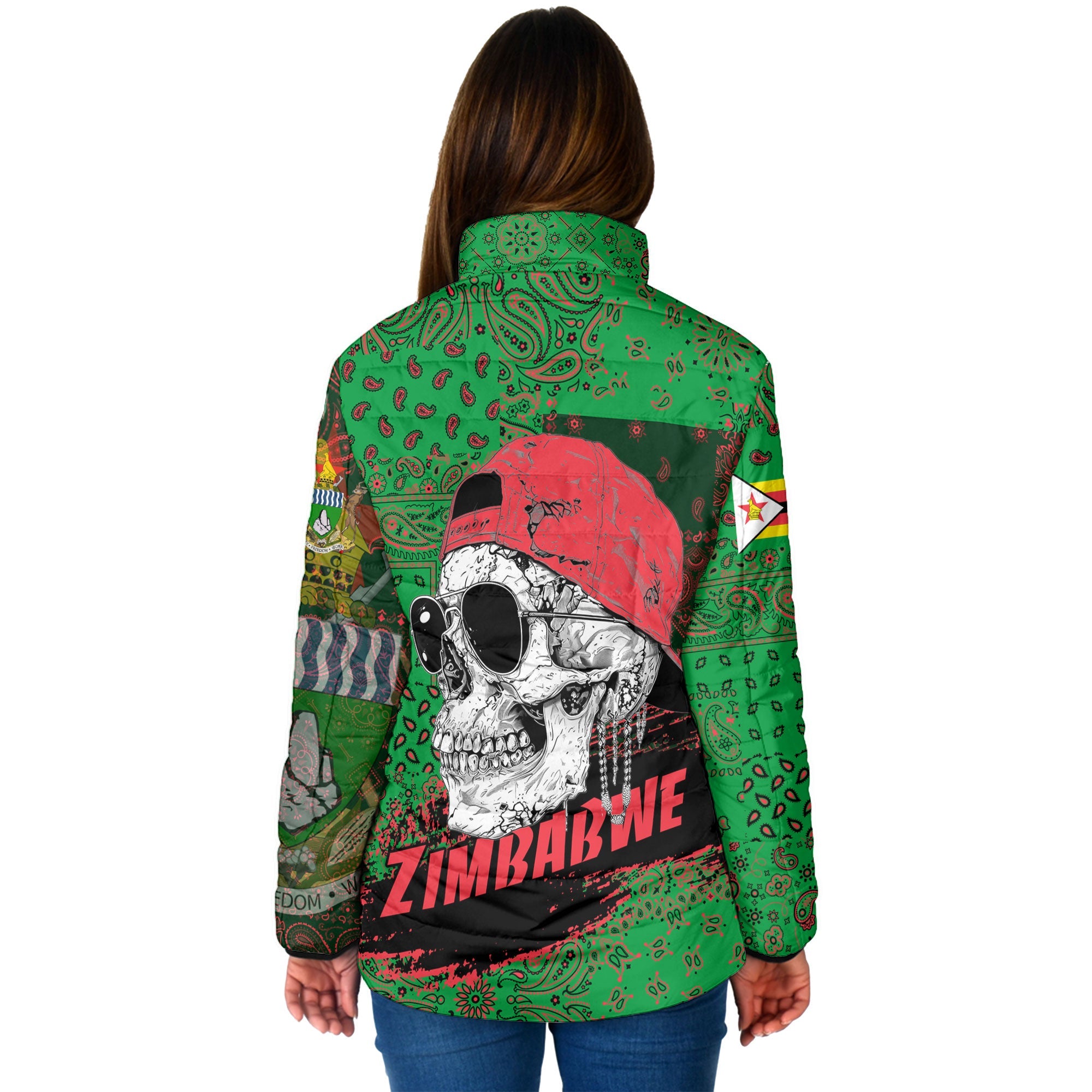 Zimbabwe Women Padded Jacket Paisley Flag And Skull Style 2