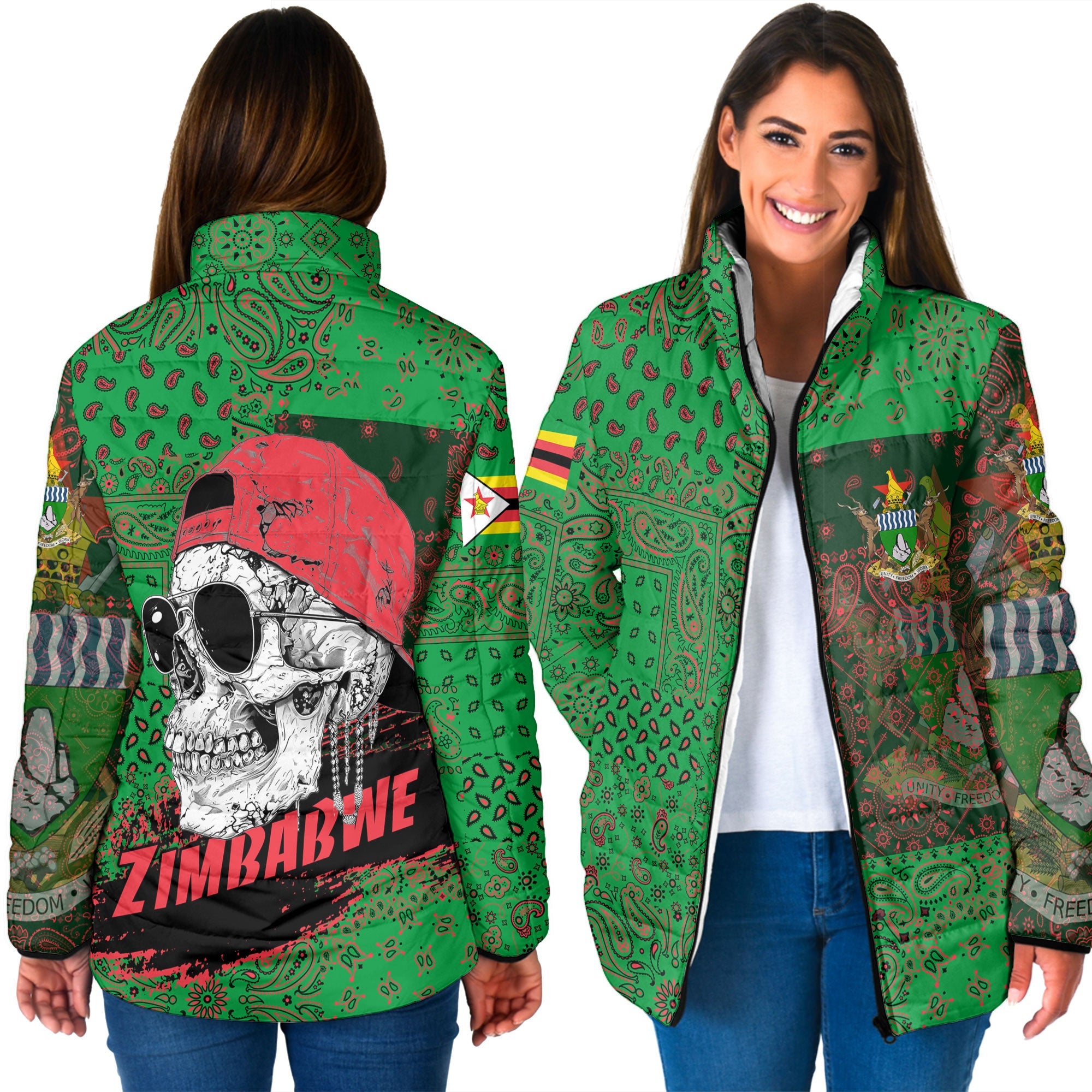 Zimbabwe Women Padded Jacket Paisley Flag And Skull Style 3