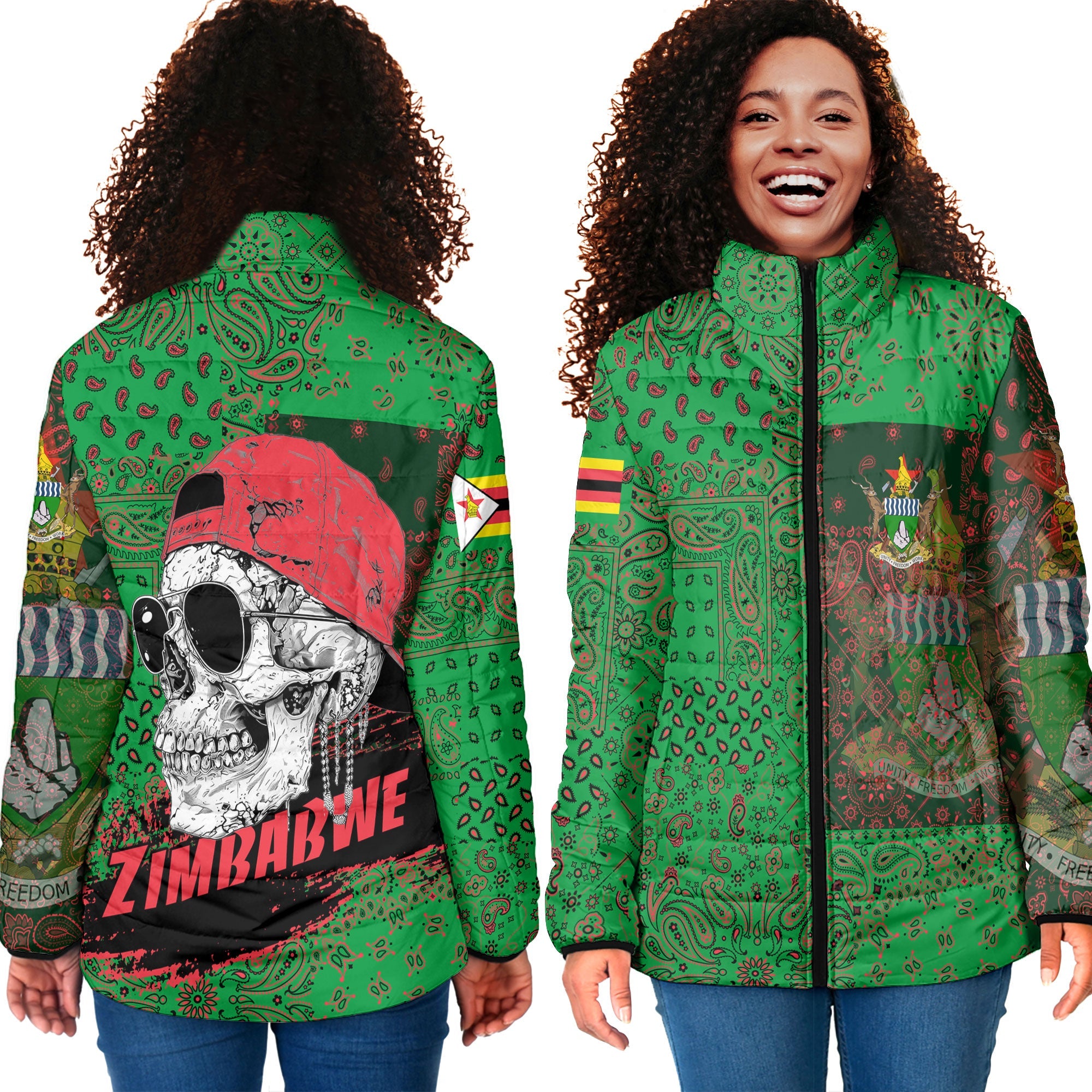 Zimbabwe Women Padded Jacket Paisley Flag And Skull Style 4