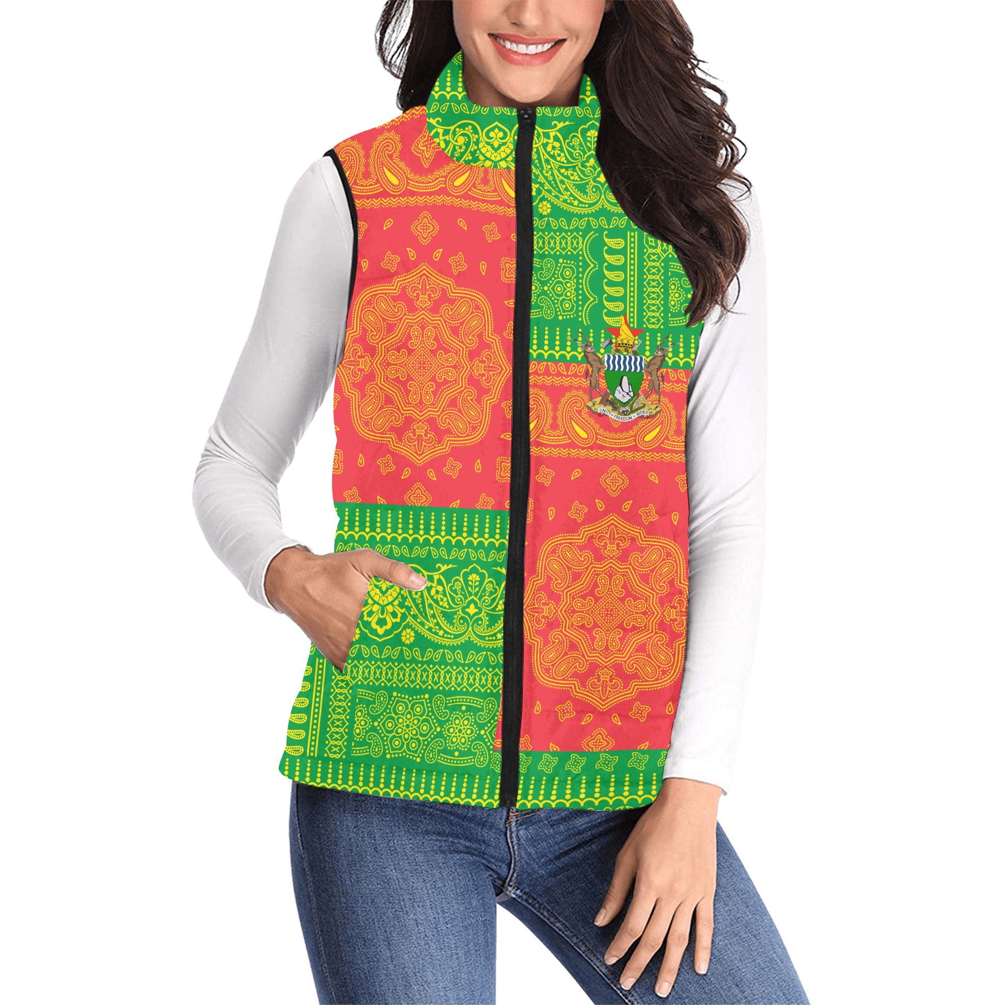 Zimbabwe Women Padded Jacket Vest Flag And Paisley Basic Style 1