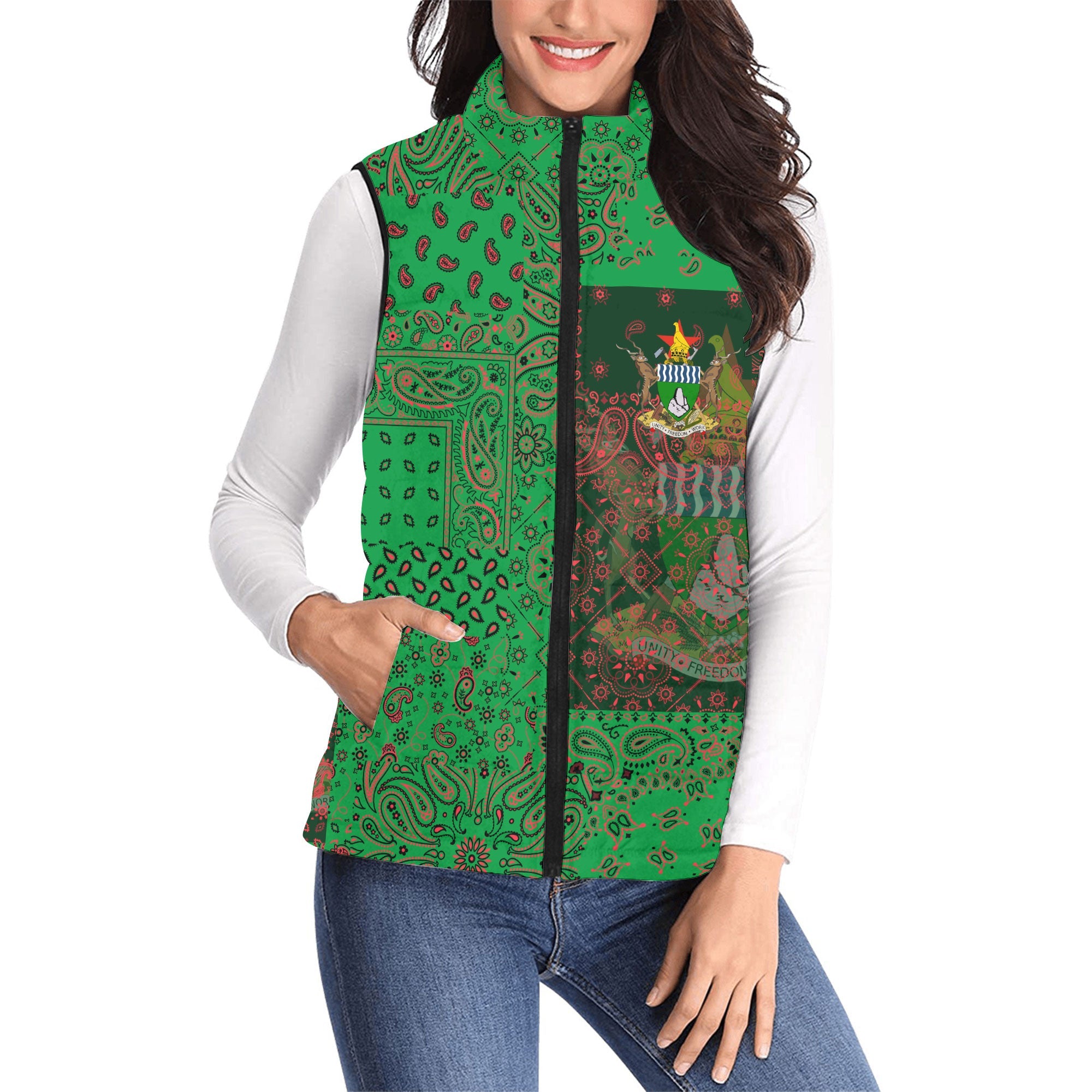 Zimbabwe Women Padded Jacket Vest Paisley Flag And Skull Style 1