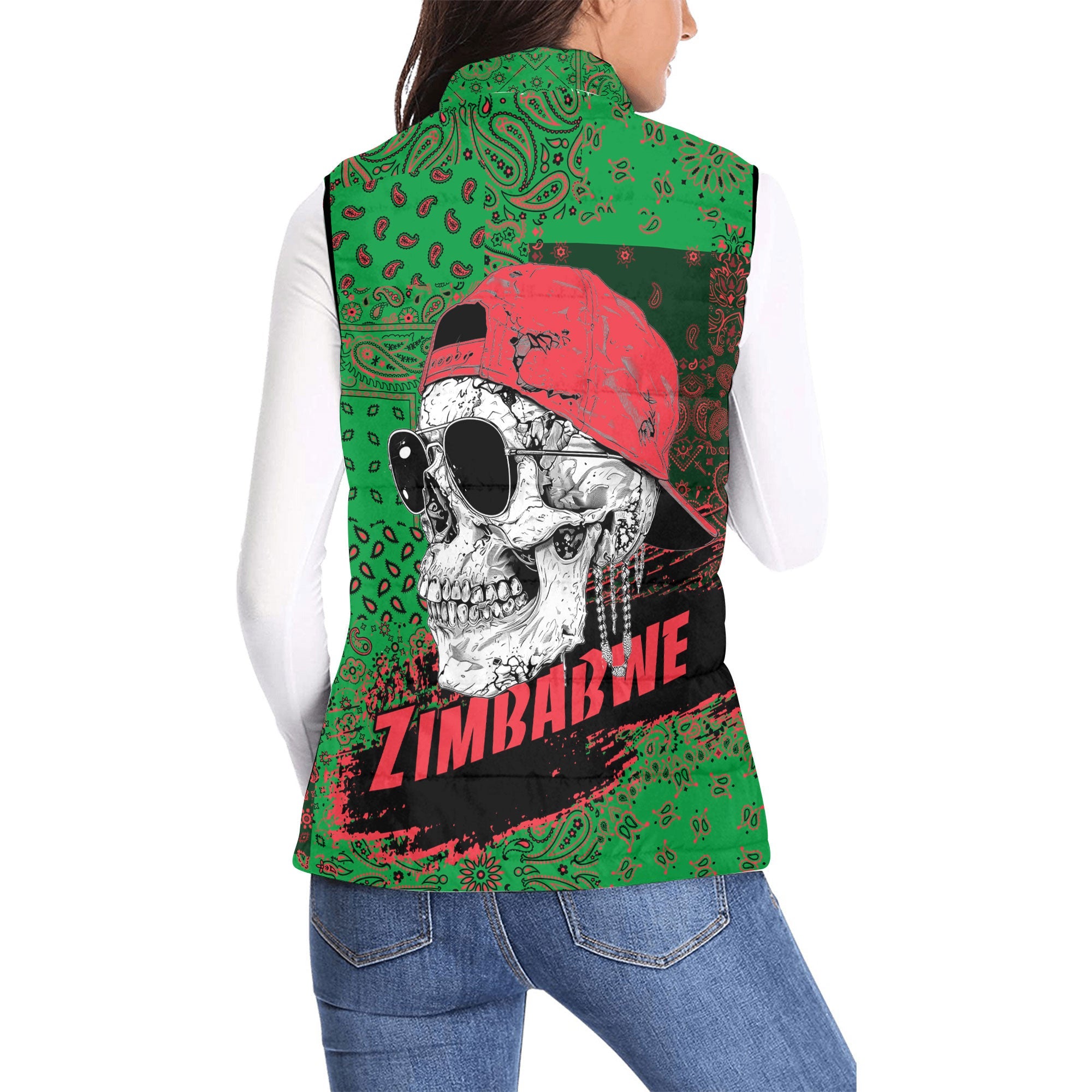 Zimbabwe Women Padded Jacket Vest Paisley Flag And Skull Style 2