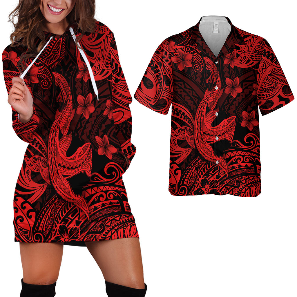 Hawaii Matching Outfits For Couples Polynesian Shark Red & Black Style - TT01