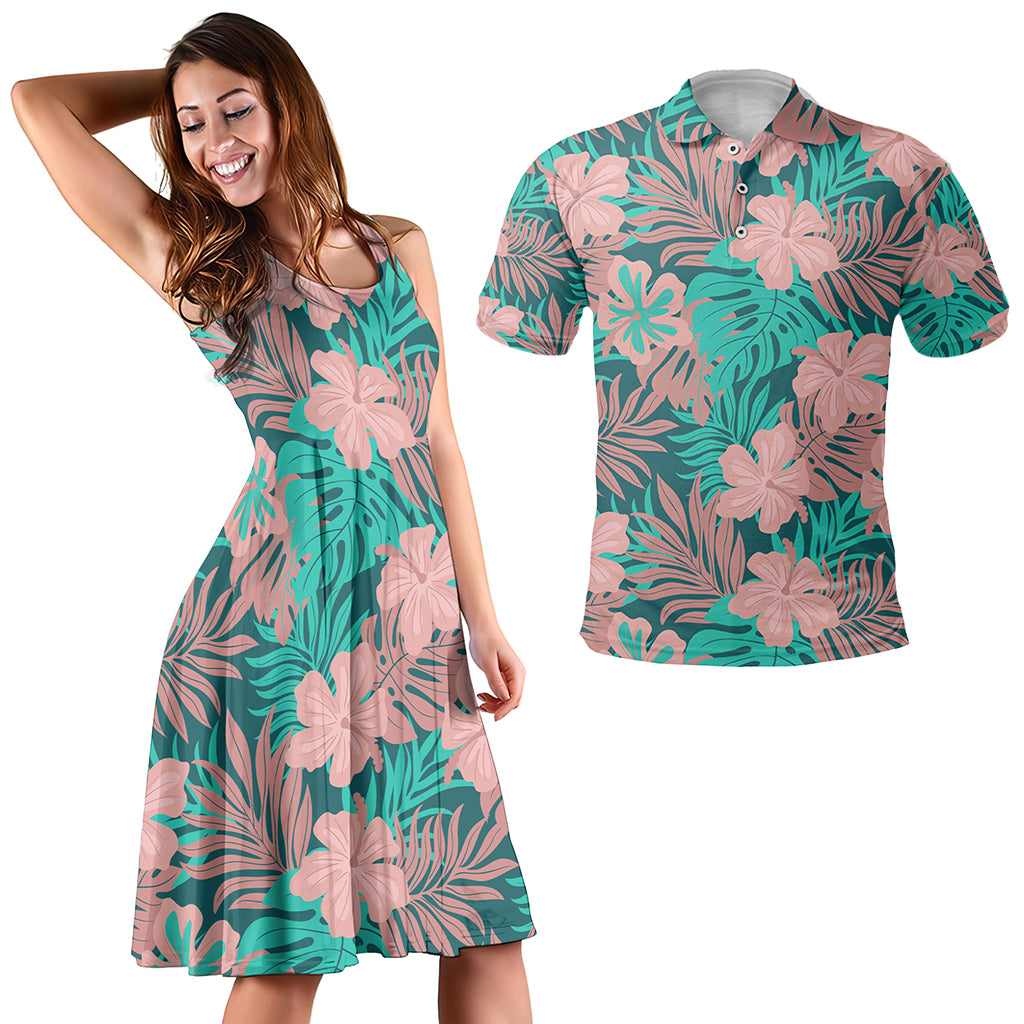 Hawaii Matching Outfits For Couples Polynesian Hibiscus Flower & Monstera Style - TT01