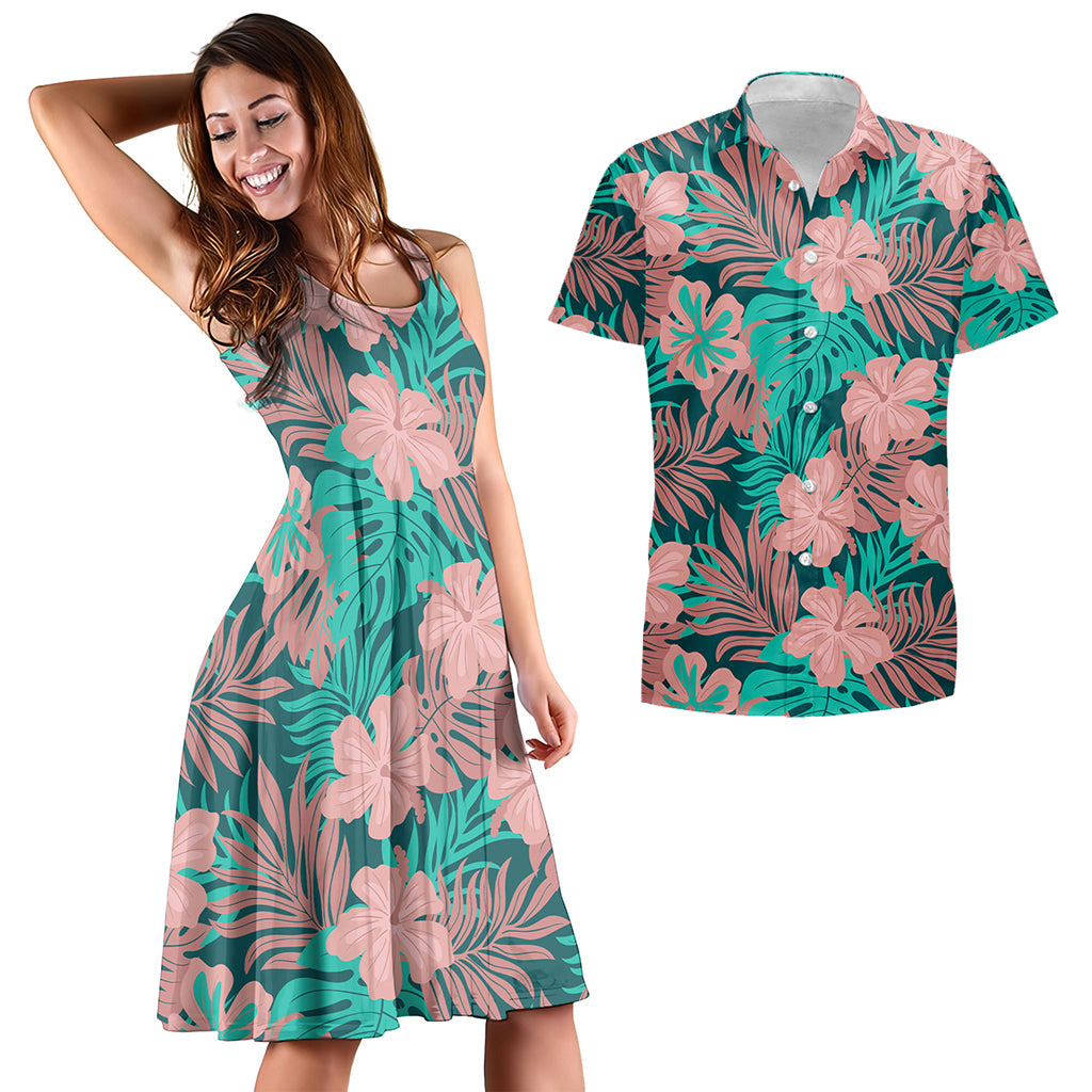 Hawaii Matching Outfits For Couples Polynesian Hibiscus Flower & Monstera Style - TT01