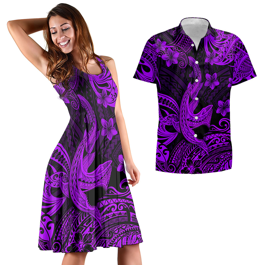 Hawaii Matching Outfits For Couples Polynesian Shark Purple & Black Style - TT01