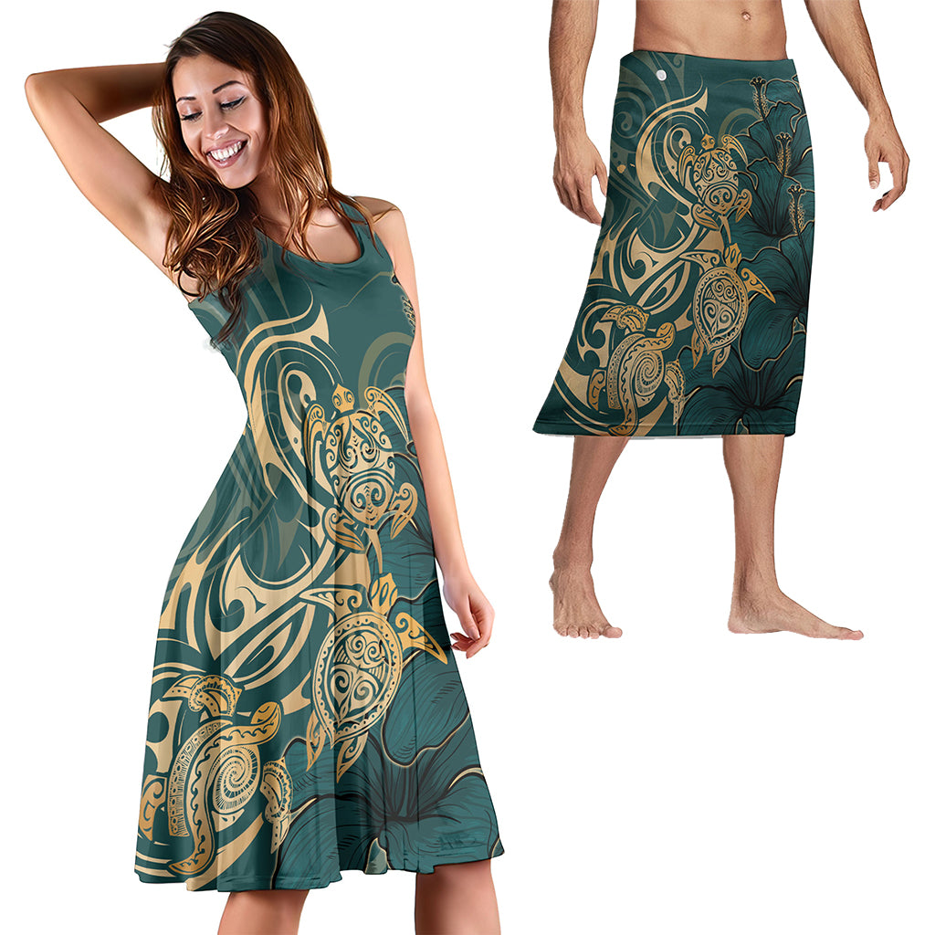 Hawaii Matching Outfits For Couples Polynesian Turtle Hibiscus Flower Style - TT01