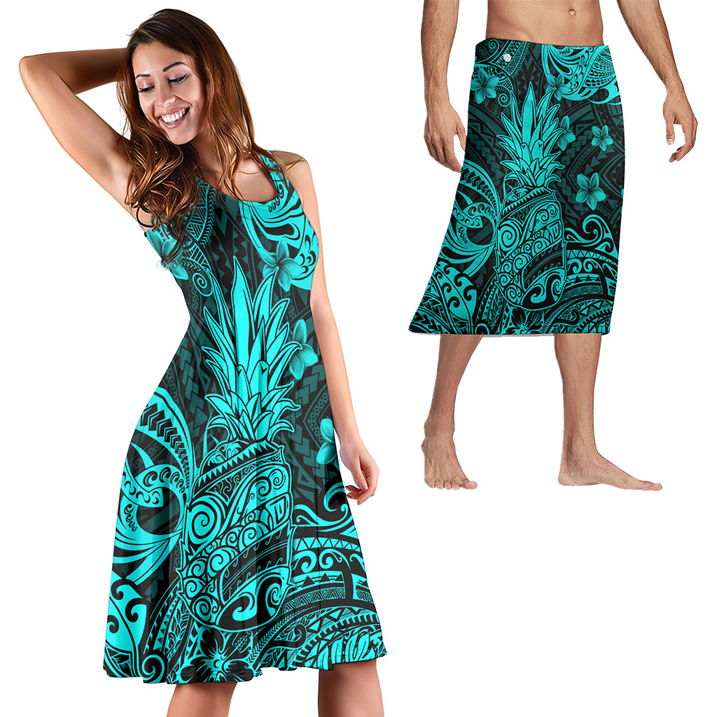 Hawaii Matching Outfits For Couples Polynesian Pineapple Turquoise Style - TT01