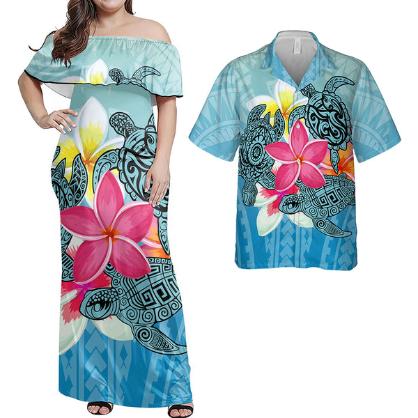 Hawaii Matching Outfits For Couples Polynesian Plumeria Flower And Tuttle In The Sea Style - TT01