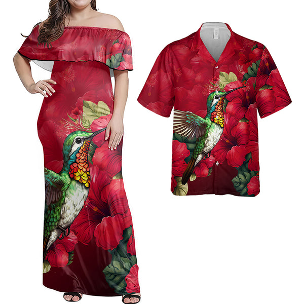 Hawaii Matching Outfits For Couples Polynesian Hibiscus Flower Red Style - TT01 Pulatesi & Polo Shirt