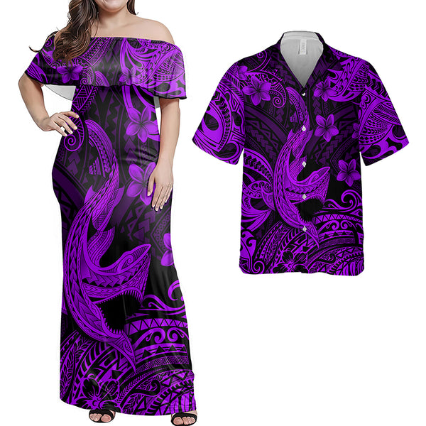 Hawaii Matching Outfits For Couples Polynesian Shark Purple & Black Style - TT01 Midi Dress & Polo Shirt