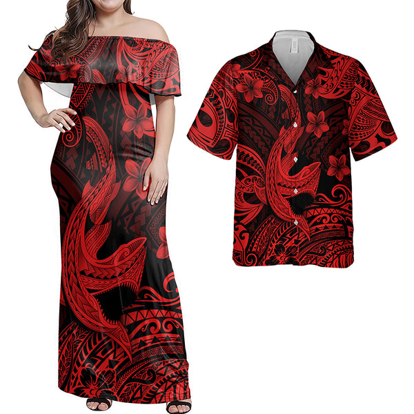 Hawaii Matching Outfits For Couples Polynesian Shark Red & Black Style - TT01