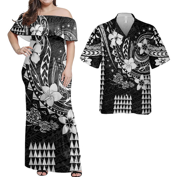 Hawaii Matching Outfits For Couples Polynesian Plumeria Flower White Style - TT01 Pulatesi & Lavalava