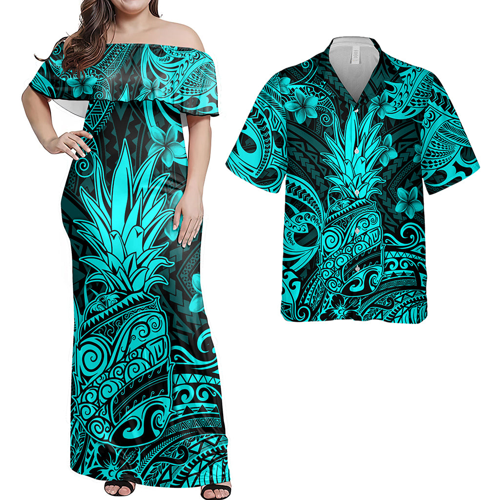 Hawaii Matching Outfits For Couples Polynesian Pineapple Turquoise Style - TT01