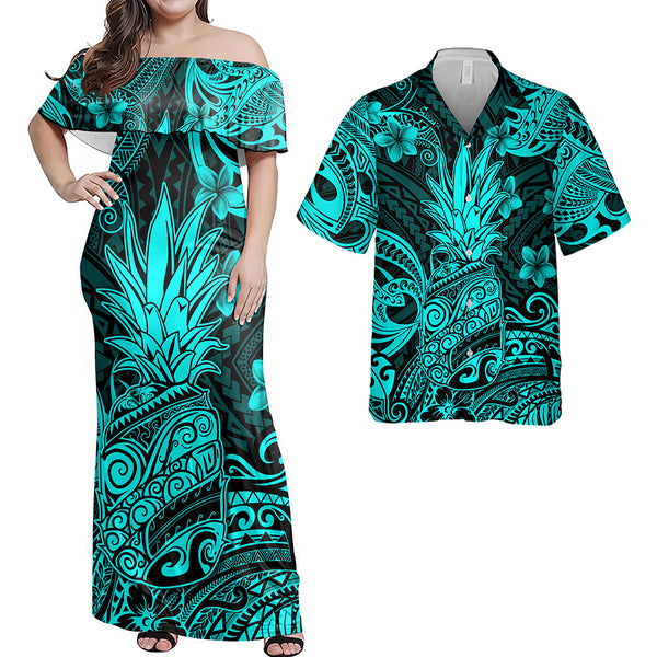 Hawaii Matching Outfits For Couples Polynesian Pineapple Turquoise Style - TT01 Bodycon Dress & Hawaii Shirt