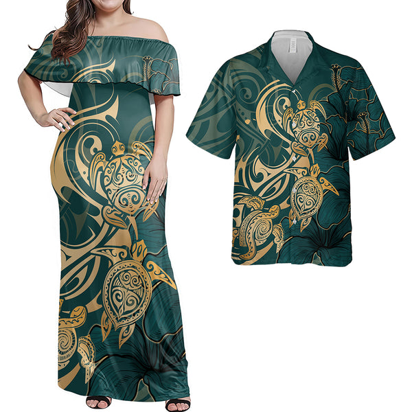 Hawaii Matching Outfits For Couples Polynesian Turtle Hibiscus Flower Style - TT01 Pulatesi & Hawaii Shirt