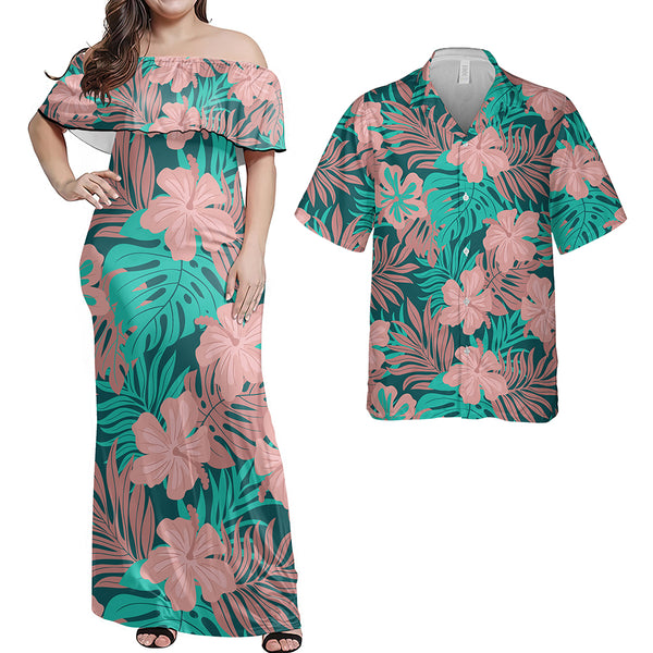 Hawaii Matching Outfits For Couples Polynesian Hibiscus Flower & Monstera Style - TT01 Pulatesi & Hawaii Shirt
