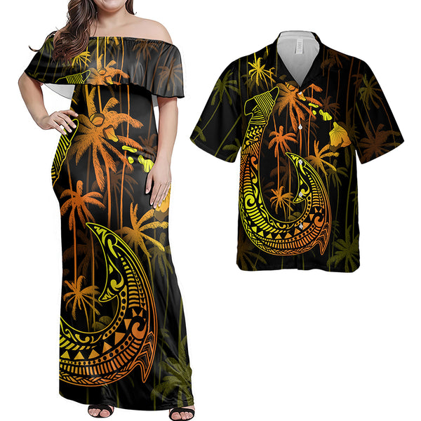 Hawaii Matching Outfits For Couples Polynesian Fish Hook & Coconut Tree Style - TT01 Midi Dress & Polo Shirt