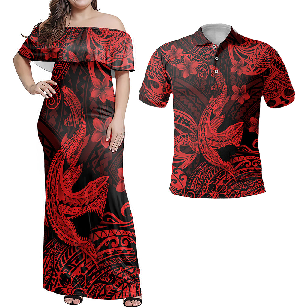 Hawaii Matching Outfits For Couples Polynesian Shark Red & Black Style - TT01