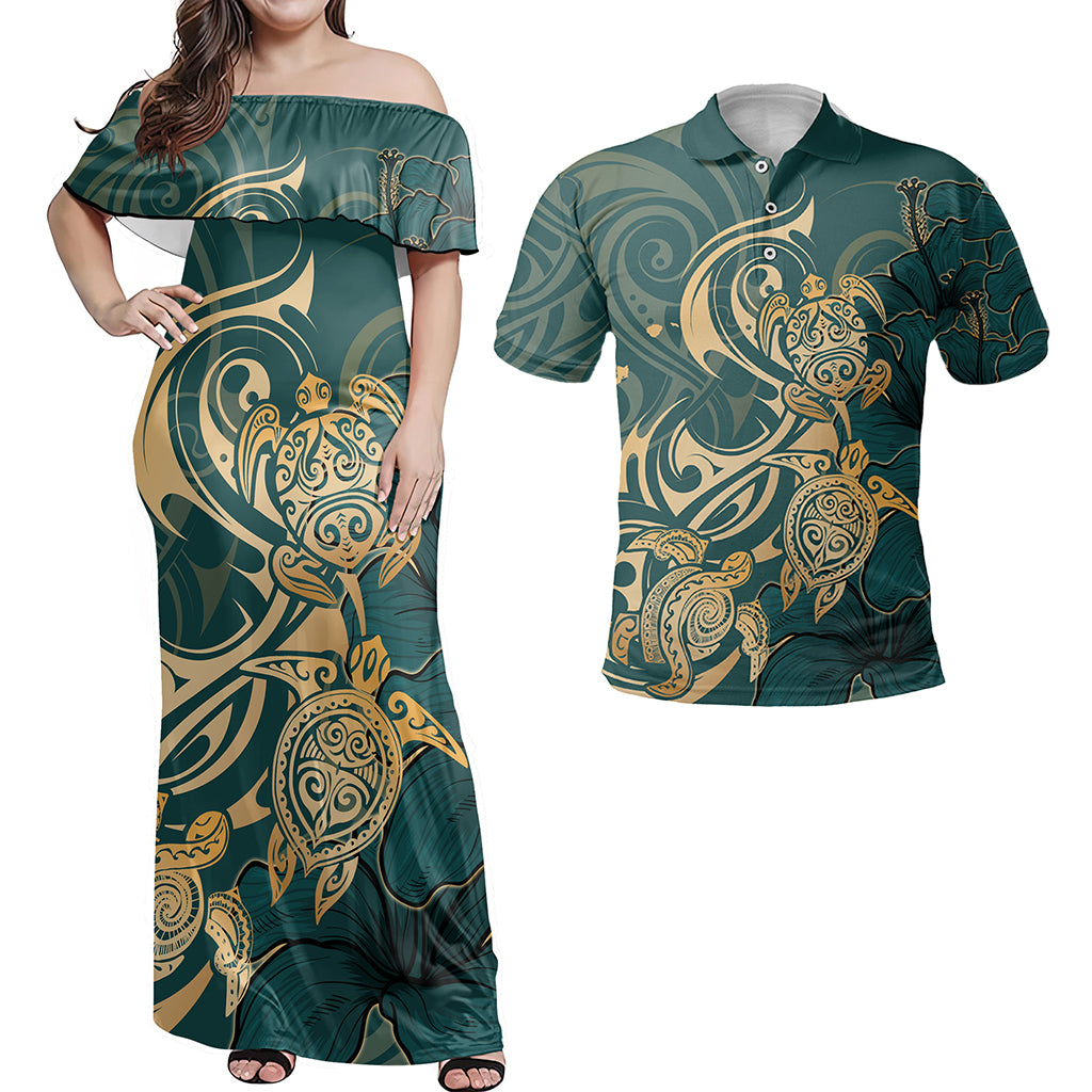 Hawaii Matching Outfits For Couples Polynesian Turtle Hibiscus Flower Style - TT01