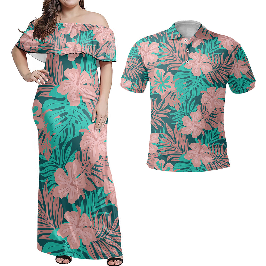 Hawaii Matching Outfits For Couples Polynesian Hibiscus Flower & Monstera Style - TT01