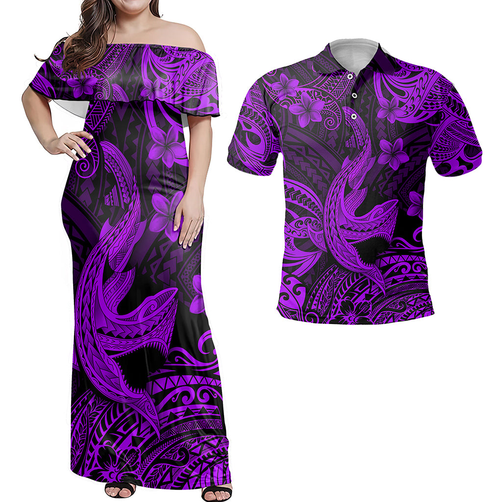 Hawaii Matching Outfits For Couples Polynesian Shark Purple & Black Style - TT01