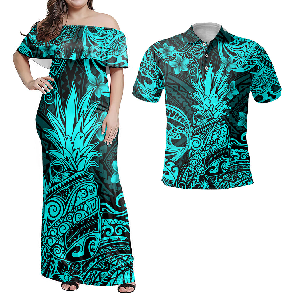 Hawaii Matching Outfits For Couples Polynesian Pineapple Turquoise Style - TT01