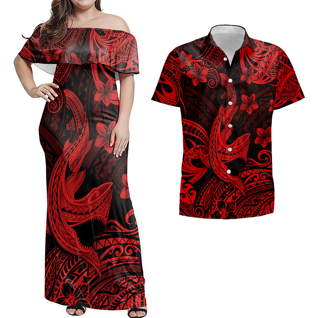 Hawaii Matching Outfits For Couples Polynesian Shark Red & Black Style - TT01