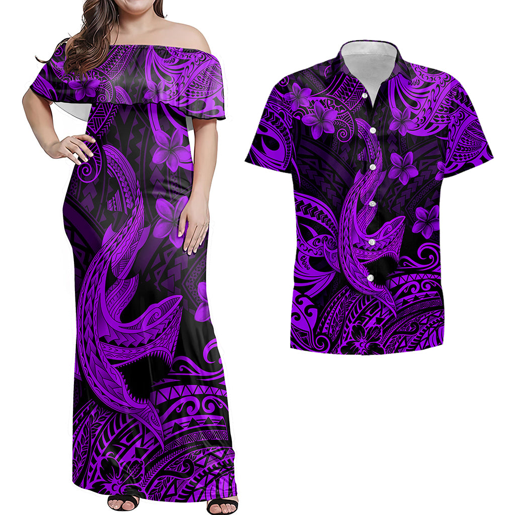 Hawaii Matching Outfits For Couples Polynesian Shark Purple & Black Style - TT01