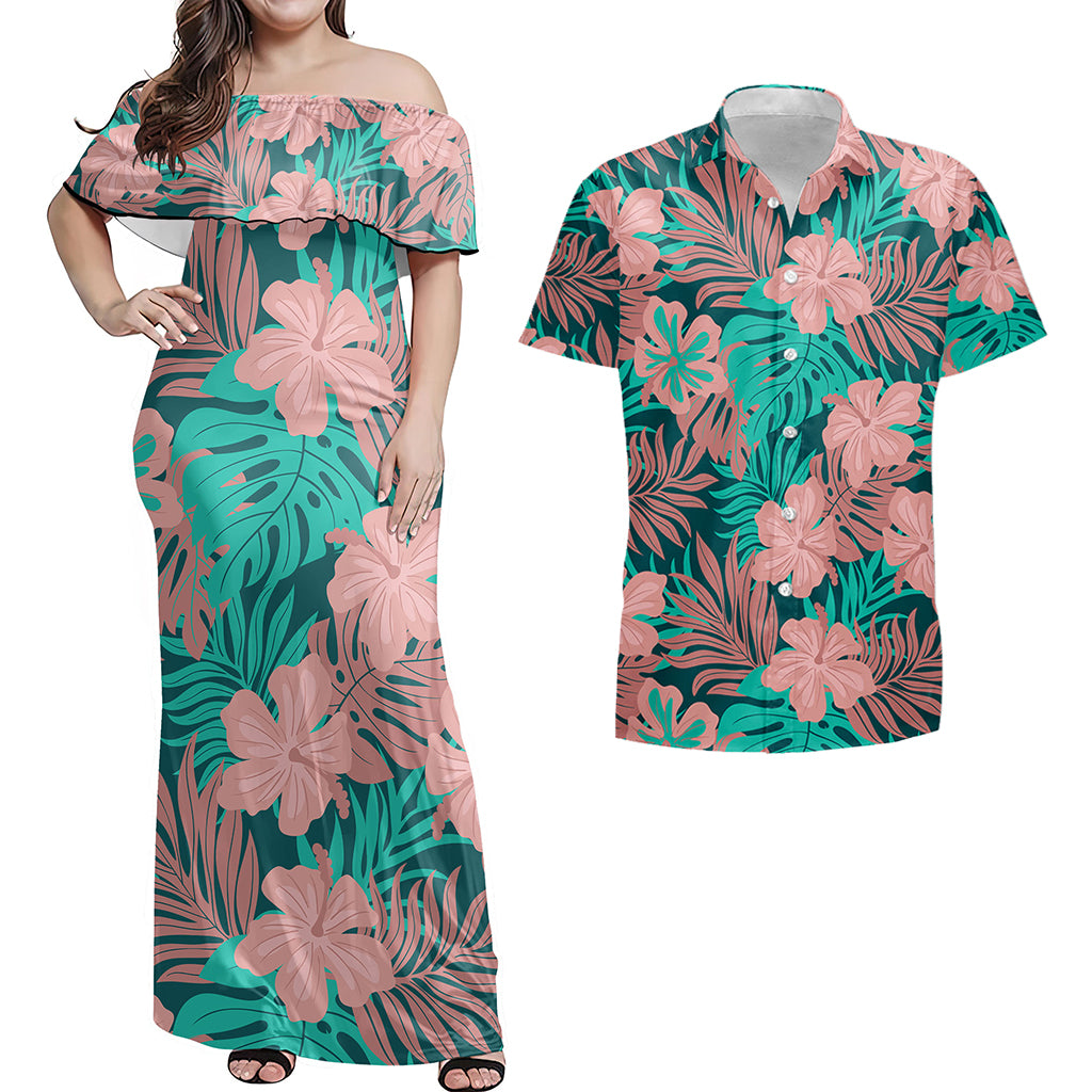 Hawaii Matching Outfits For Couples Polynesian Hibiscus Flower & Monstera Style - TT01