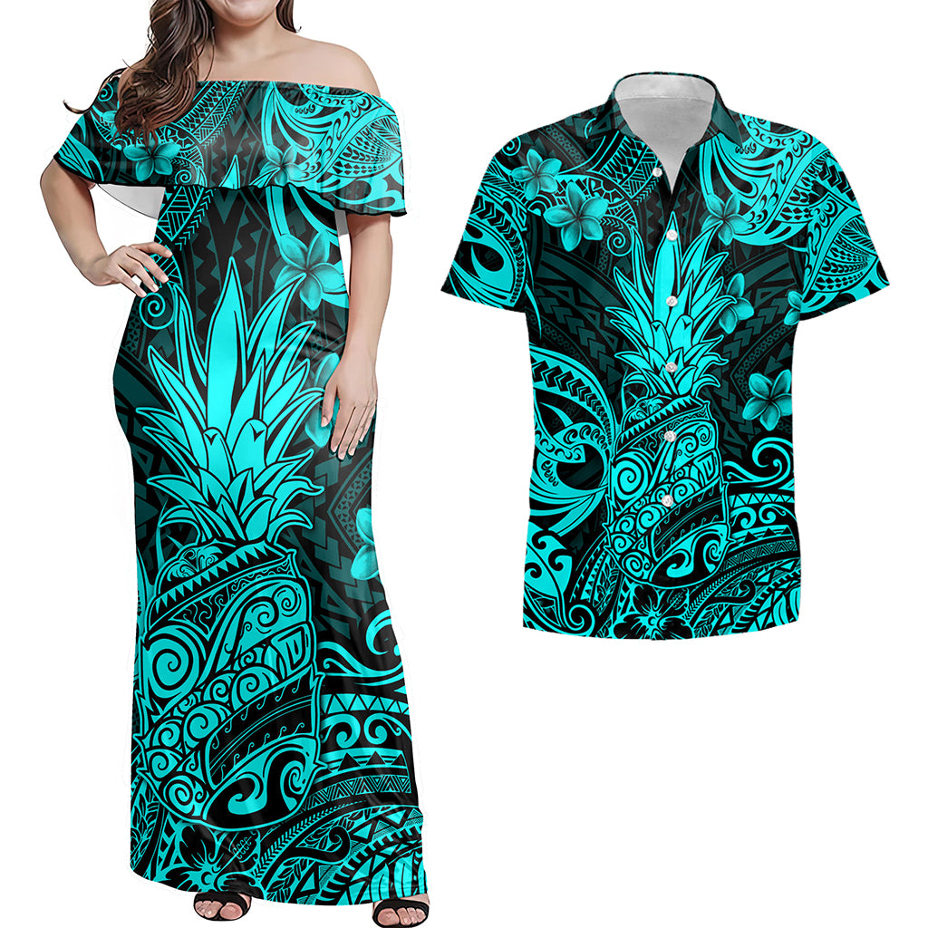 Hawaii Matching Outfits For Couples Polynesian Pineapple Turquoise Style - TT01