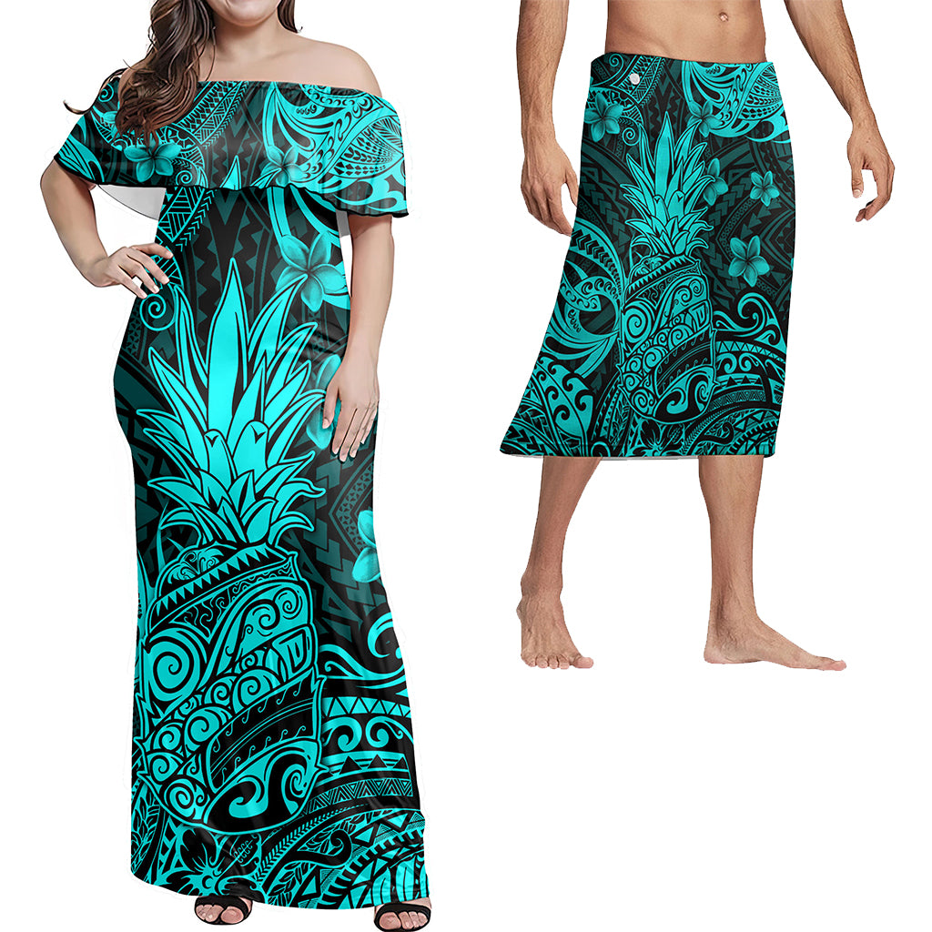 Hawaii Matching Outfits For Couples Polynesian Pineapple Turquoise Style - TT01