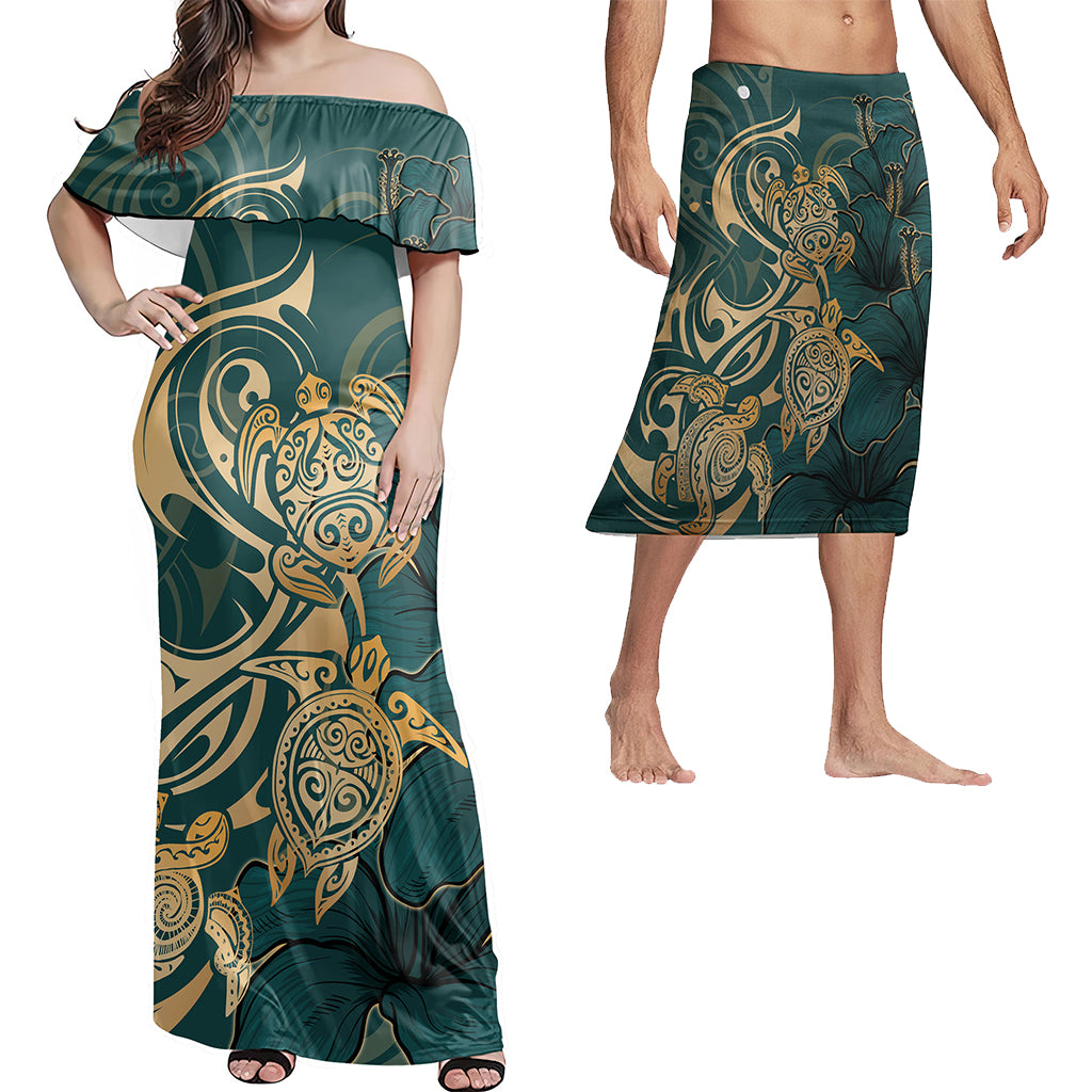 Hawaii Matching Outfits For Couples Polynesian Turtle Hibiscus Flower Style - TT01