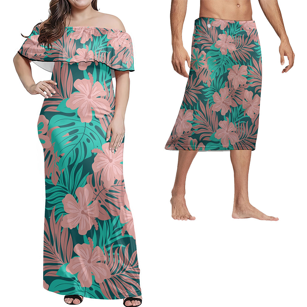 Hawaii Matching Outfits For Couples Polynesian Hibiscus Flower & Monstera Style - TT01