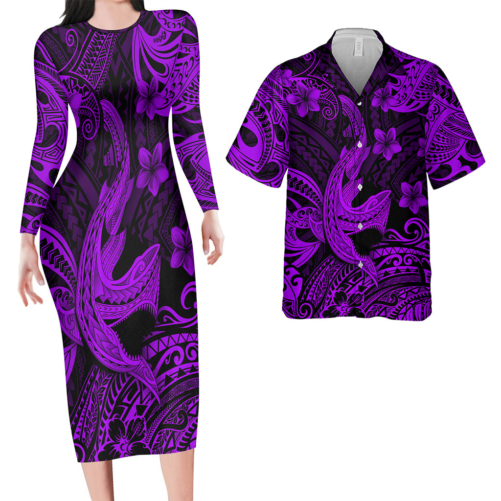 Hawaii Matching Outfits For Couples Polynesian Shark Purple & Black Style - TT01