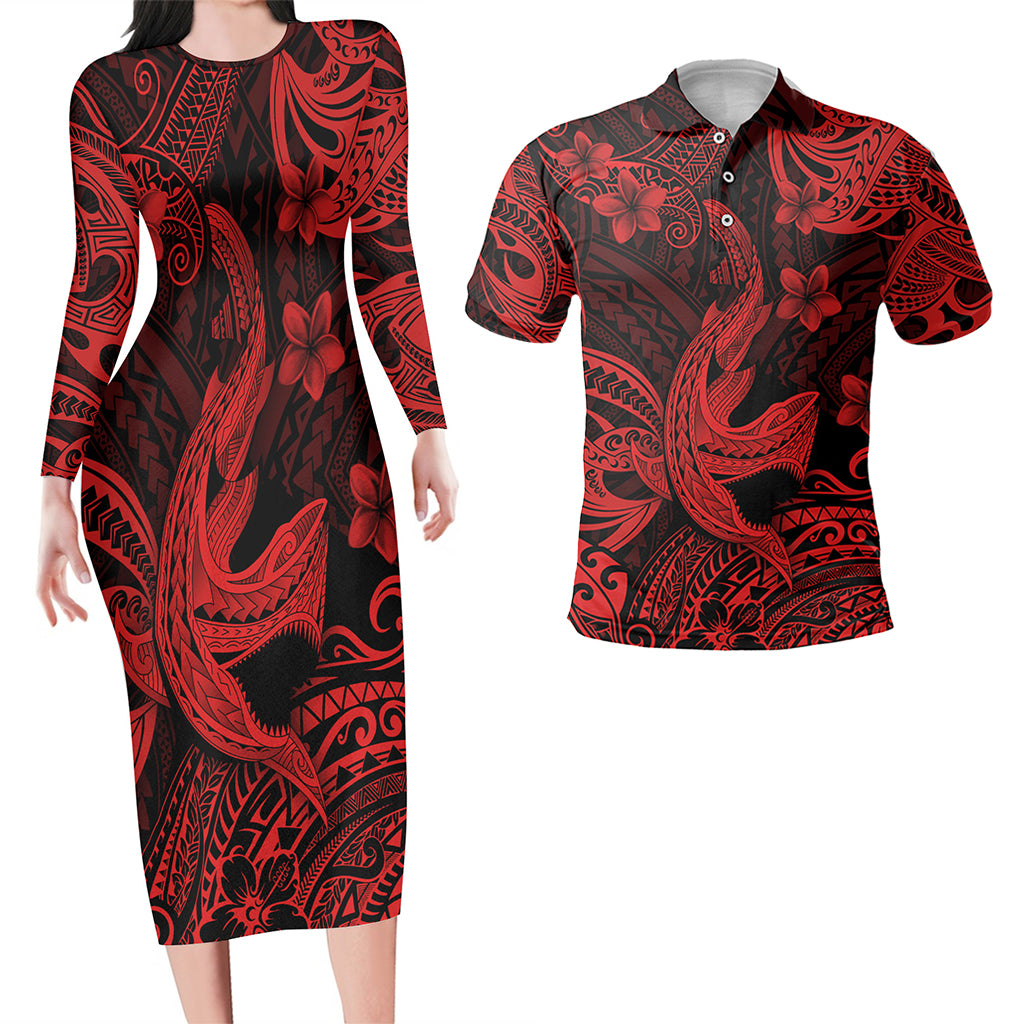 Hawaii Matching Outfits For Couples Polynesian Shark Red & Black Style - TT01