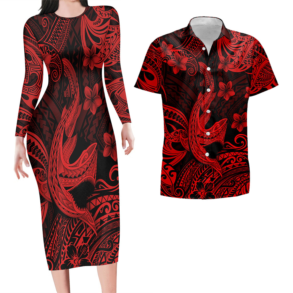 Hawaii Matching Outfits For Couples Polynesian Shark Red & Black Style - TT01