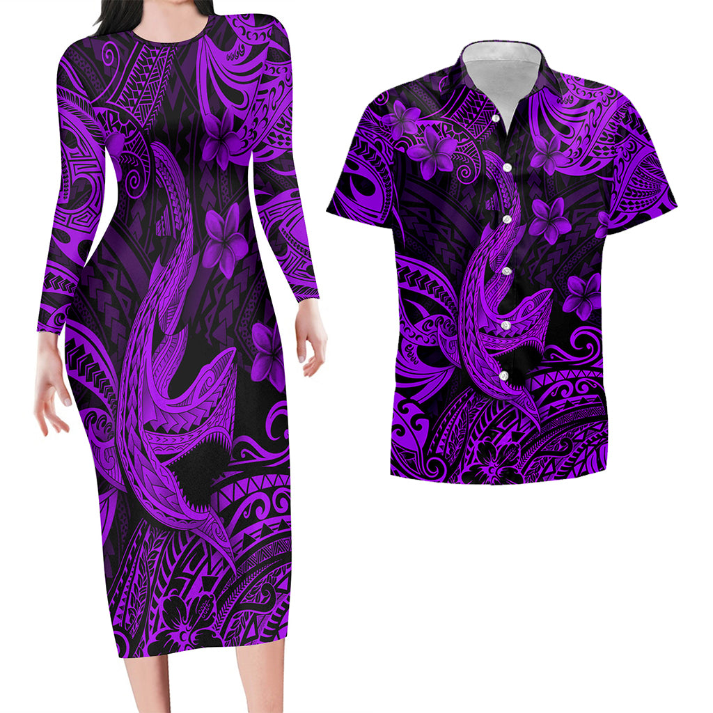 Hawaii Matching Outfits For Couples Polynesian Shark Purple & Black Style - TT01