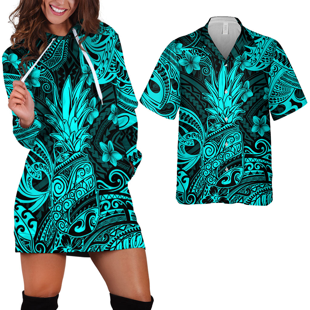 Hawaii Matching Outfits For Couples Polynesian Pineapple Turquoise Style - TT01